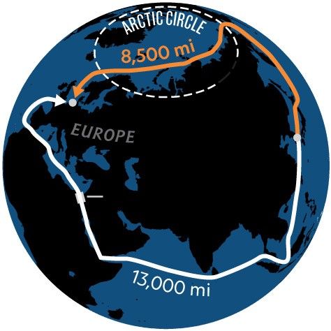 Perbandingan perlintasan dari Korea menuju Eropa dengan Melintasi Laut Utara dan Laut Selatan (Source : https://www.nationalgeographic.com/)