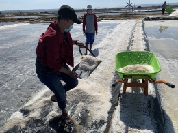 Salah satu anggota PMM 30 UMM pada saat membantu petani garam | dokpri