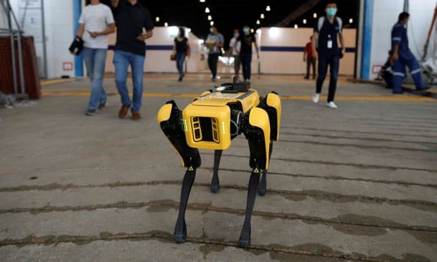 Robot yang mengawasi social distancing di Singapura (sumber: theguardian)