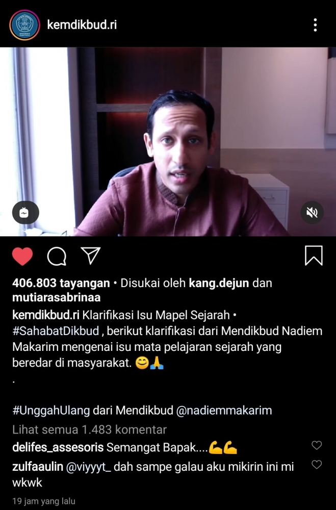 Klarifikasi Isu Mapel Sejarah melalui akun Instagram @kemdikbud.ri
