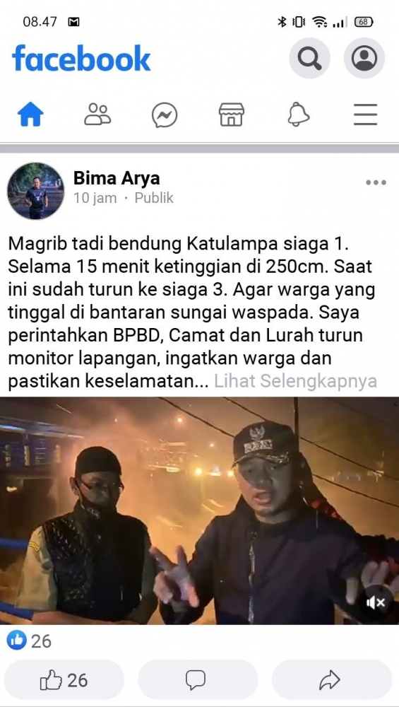 Tangkapan layar dari akun FB Bima Arya, meninjau Katulampa (dokumen pribadi)