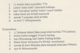 Alihaksara dan terjemahan Prasasti Wayuku (Sumber: Buku Anugerah Sri Maharaja)