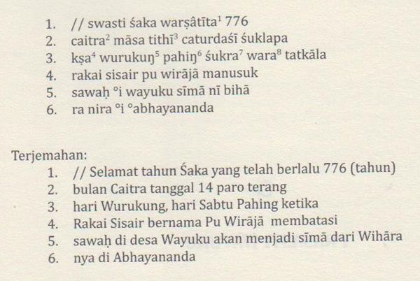 Alihaksara dan terjemahan Prasasti Wayuku (Sumber: Buku Anugerah Sri Maharaja)