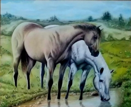 Dokumentasi pribadi | Sepasang (?) kuda krem dan putih, tenang di padang rumput sambil minum di sungai disana .....