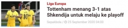 Tottenham Menang atas Shkendija menuju playoff