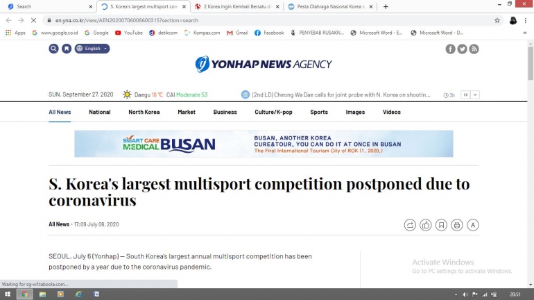 Salah satu judul berita dalam Yonhap News Agency yang memberikan informasi bahwa Kompetisi Olahraga Terbesar di Korea Selatan harus ditunda akibat pandemi virus Corona