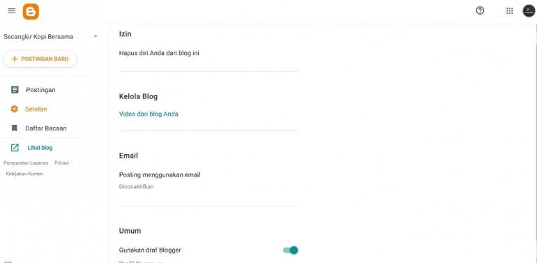 Tangkapan layar Google -- Pengaturan Blogger (dokpri)