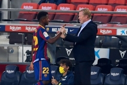 Ansu Fati (Kiri) dan Ronald Koeman (kanan) saat Barcelona mengalahkan Villarreal 4-0 pada laga yang berlangsung Senin (28/9/2020) dini hari WIB.| Sumber: AFP/Josep Lago via Kompas.com