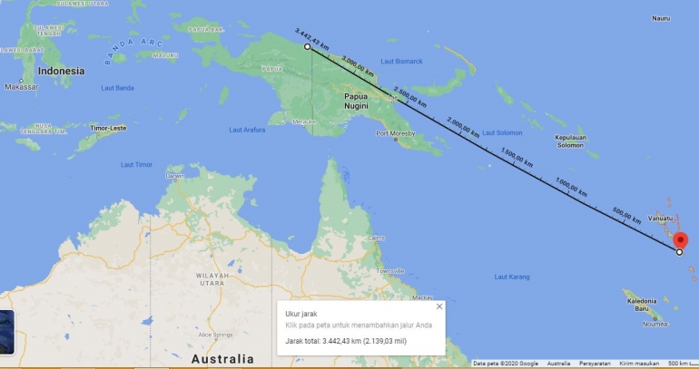 Jarak  Jayapura - Vanuatu  3442 km(googlemaps)