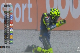 Valentino Rossi mengalami crash di T2 Sirkuit Catalunya saat balapan MotoGP Catalunya 2020 memasuki lap 16. | foto: twitter @motogp