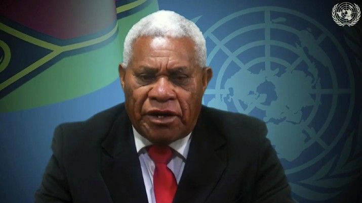 Perdana Menteri Vanuatu, Bob Loughman dalam sidang umum PBB (UNTV via AP/cnbcindonesia) 