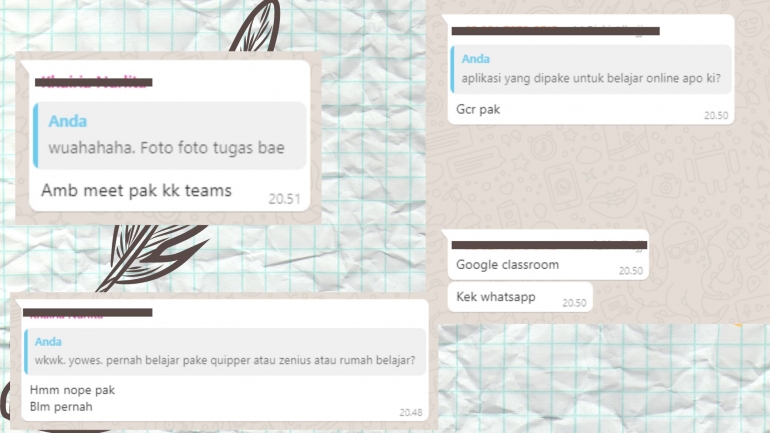 Olahan Tangkapan layar Whatsapp berisikan dialog dengan siswa terkait penggunaan kuota belajar (Dok. Ozy V. Alandika)