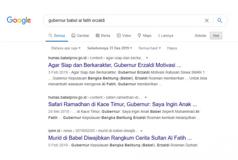 Tangkapan layar penelusuran tentang instruksi Gubernur Babel yang berkaitan dengan tema Al Fatih, diakses 03/10/2020 pukul 09.17 (Dokpri).