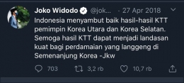 Hasil tangkapan dari dari cuitan di akun twitter pribadi Presiden Joko Widodo