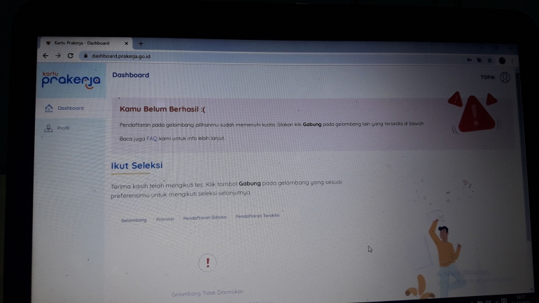Tangkapan layar dashboard Kartu Prakerja, gagal tiga kali cuy(dokpri)