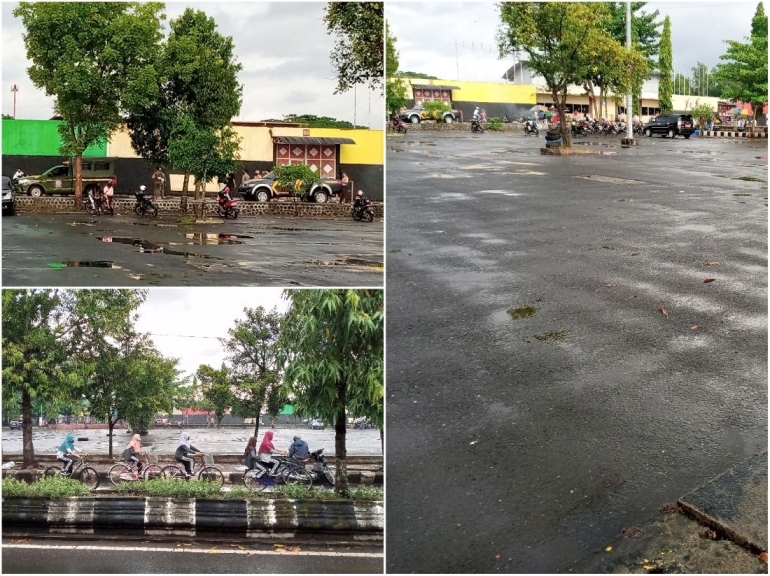 GOR Goentoer Darjono tampak lengang pada Minggu pagi, 3 Oktober 2020. (Kiri atas) Terlihat mobil Satpol PP dan Kepolisian melakukan penertiban dan penegakan protokol kesehatan (dok. pri).