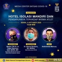 Mayjen Tugas Ratmono, selaku Koordinator RSDC Wisma Atlet, dengan dr Slamet Budiarto, selaku Wakil Ketua Umum Pengurus Besar Ikatan Dokter Indonesia (PB IDI), pada Senin (05/10/2020) membahas Hotel Isolasi Mandiri dan Pengaruhnya Terhadap Wisma Atlet di Graha BNPB, Jalan Pramuka, Jakarta Timur. Pembahasan tersebut bisa diakses publik secara online. Foto: dok bnpb