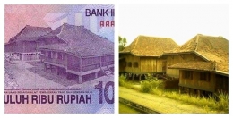 Rumah limas pada uang kertas 10.000 dan koleksi Museum Balaputra Dewa Palembang (Dokpri)