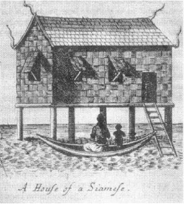 Gambar Rumah sederhana Thai di musim hujan (dari La Loubere, 1691)