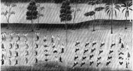 Gambar Penari Birma membentuk bidang arak-arakan sebagai rasa hormat kepada gajah putih; dari ilustrasi manuskrip orang Birma pertengahan abad ke-19.