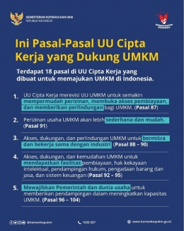 Ilustrasi: Pasal UU Cipta Kerja pendukung UMKM dan Koperasi. Sumber: Kementerian Koperasi dan UKM. 
