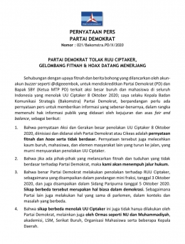 Halaman 1 dari 2, pernyataan politik Demokrat menyikapi Omnibus Law UU Cipta Kerja gagasan pemerintah yang ditetapkan DPR, 09/10/2020 (twitter.com/ @OssyDermawan).