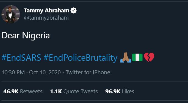 Potongan layar Twitter Tammy Abraham | @tammyabraham