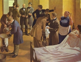 Pelukis Robert Thom menggambarkan Semmelweis (tengah) di Vienna General Hospital, Austria, saat mengawasi dokter mencuci tangan.