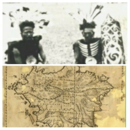 Ilustrasi gambar peta Kaltim tahun 1900 dan Suku Dayak Kaltim | Dokumen diedit dari milik ANRI