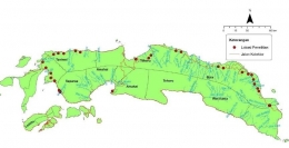 Peta wilayah survei Puslit Arkenas tahun 2012 di pesisir utara Pulau Seram. Sumber: Jurnal Kapata Arkeologi/Balar Maluku