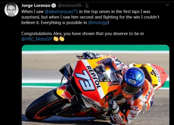 Alex Marquez tampil bagus dan mendapatkan pujian dari Jorge Lorenzo. Gambar: Twitter/Lorenzo99