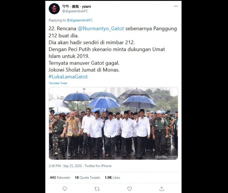 Tangkapan layar utas yang menyorot manuver Gatot Nurmantyo dalam aksi 212 tahun 2016 lalu (twitter.com/ @digeembokFC).