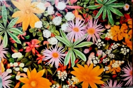  Dokumentasi Pribadi. Lukisan bunga2 ibu terbesar, ukuran 180 cm x 180 cm. Besar sekali, dengan berbagai jenis bunga2an, dan warna warni ceria. Cantik sekali .....