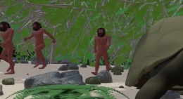 Arcil melihat manusia purba berburu hewan untuk makanan (Foto: screenshoot dari film animasi)