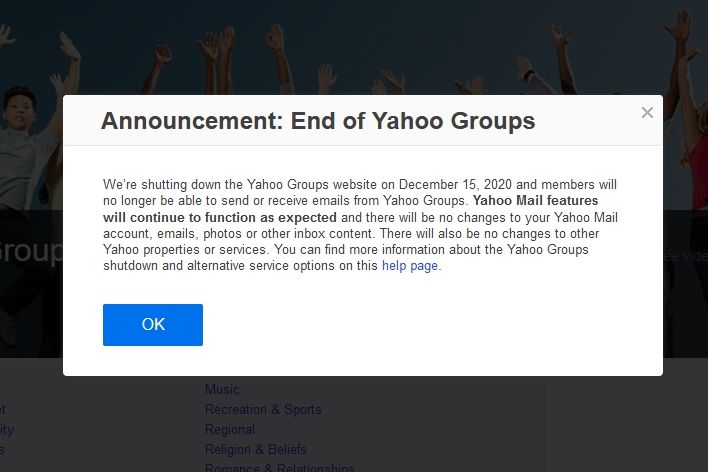 Pengumuman dari Yahoo. Sumber: groups.yahoo.com