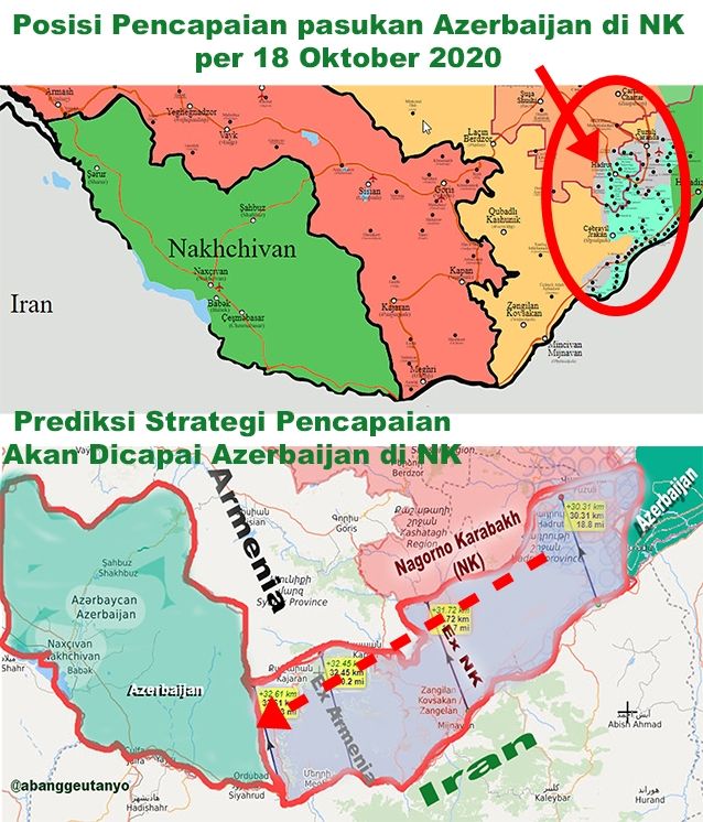 Gambar atas, situasi perkembangan gerak maju Azerbaijan terkini. Gambar bawah : Prediksi terciptanya koridior buatan Turki-Azerbaijan. Sumber : hasil olahan penulis dari Liveumap.com dan Wikipedia