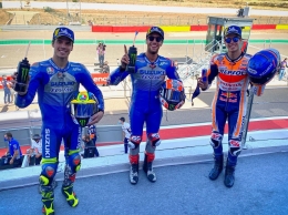 Joan Mir, Alex Rins, dan Alex Marquez mengisi podium MotoGP Aragon 2020 (Sumber: Twitter/MotoGP)