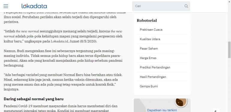 Tampilan robotorial di Lokadata.id/ Foto: lokadata.id