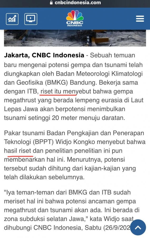 Tangkapan layar dari laman CNBCIndonesia tsunami jawa