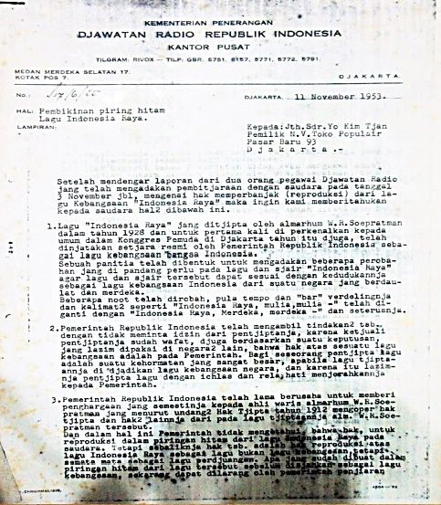 Surat dari Djawatan Radio Republik Indonesia (Foto: makalah Pak Udaya Halim)