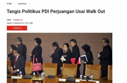 Salah satu berita tentang tangisan politikus PDIP yang walk out di DPR pada 2012 lalu. Sumber: screen shot Tempo.co