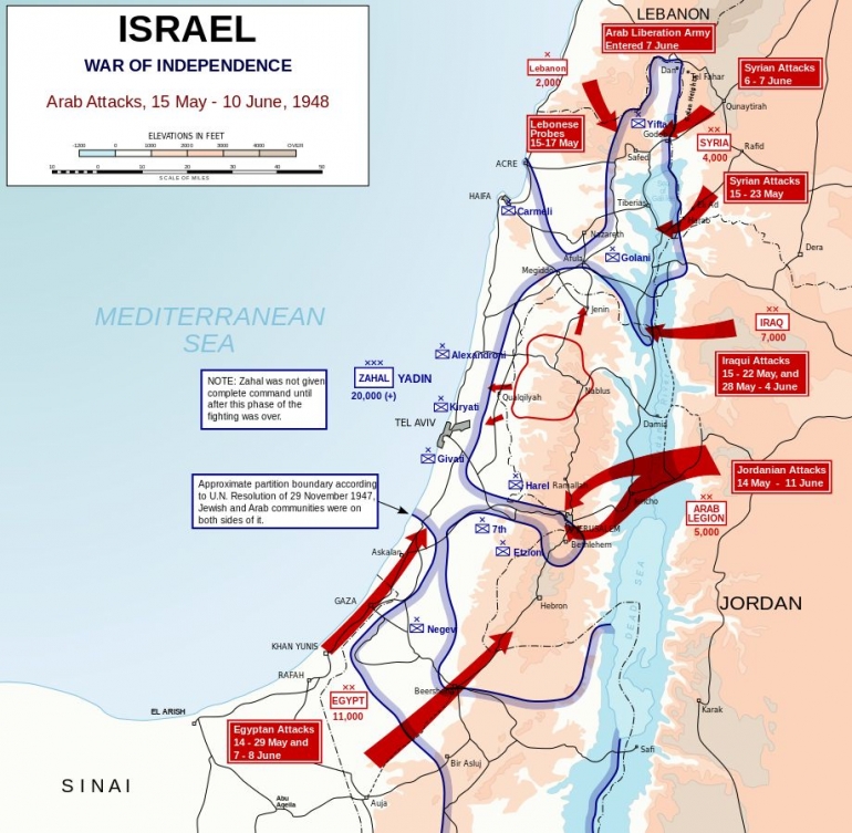 Serangan Negara-Negara Arab ke Wilayah Palestina yang diduduki Israel Pada Tahun 1948. (Source : Wikipedia)