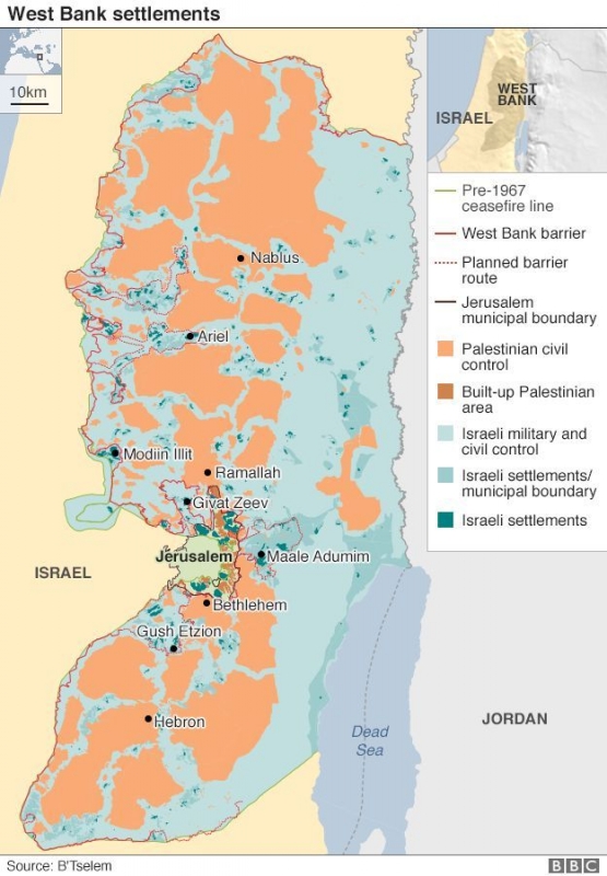 Peta Tepi Barat, Palestina. Oranye : Wilayah yang diduduki Palestina, Biru : Wilayah yang diduduki Israel, Hijau : Wilayah Pemukiman Ilegal Yahudi Israel. (Source : BBC