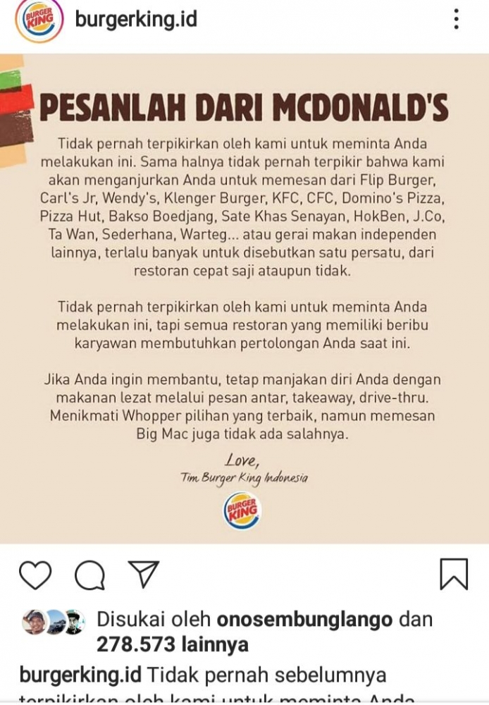 Promo pembeda yang dilakukan Burger King. Sumber: Official Instagram Account burgerking.id