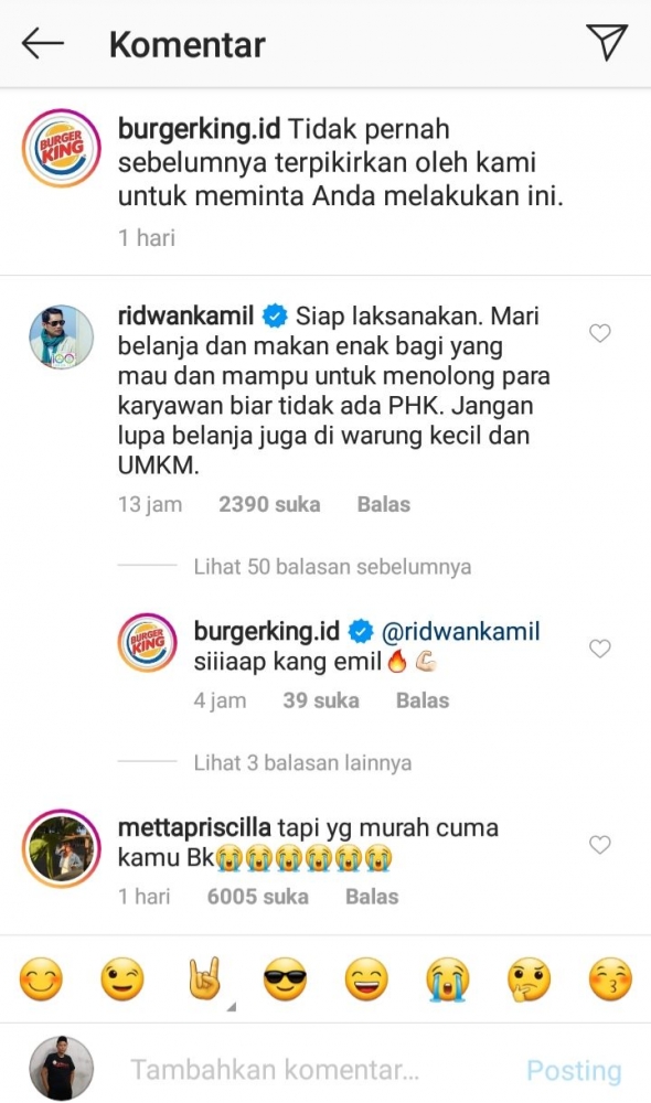 Orang nomor satu Jabar pun tak ketinggalan berkomentar (dok: screenshoot akun instagram burger king)
