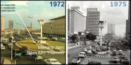 Tugu Jam di Jalan MH Thamrin kondisi 1972 dan 1975 (Foto: makalah Pak Junus)