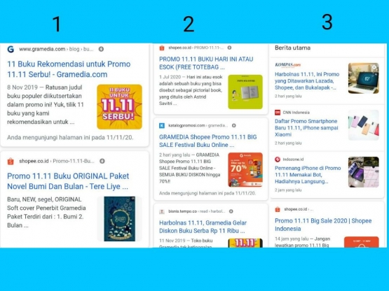 Masih dengan keyword sama, promo nonbuku (gadget) sampai dipromosikan oleh 3 media massa (lihat nomor 3). | Gambar: Hasil Tangkapan Layar Halaman Pencarian Google/Dokumentasi Pribadi