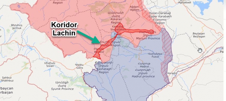 Koridor Lachin dan koridor terdepan NK. sepanjang 65 km dengan lebar rata-rata 5 km dijaga pasukan perdamaian Rusia Sumber data dan olahan abanggeutanyo