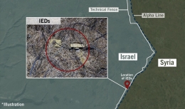 Lokasi tempat ditemukan bom rakitan sisa penyusupan 3 bulan lalu dekat pagar perbatasan dataran tinggi Golan dan Suriah. Source redit: IDF Spokesperson’s Unit via jns.or