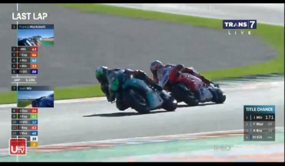 Momen upaya Jack Miller merebut posisi terdepan yang ditempati Franco Morbidelli. Gambar: Motogp/Trans7/Useetv